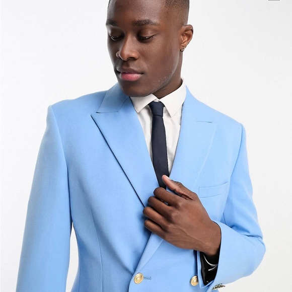 ASOS DESIGN wedding skinny blazer with gold buttons in blue - Picture 4 of 5